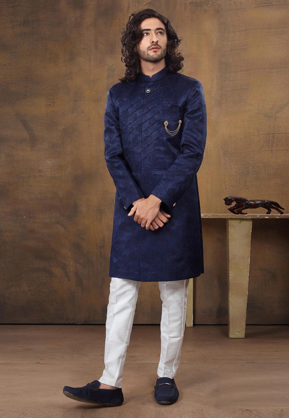 Blue Jacquard Indo Western Suit 238692