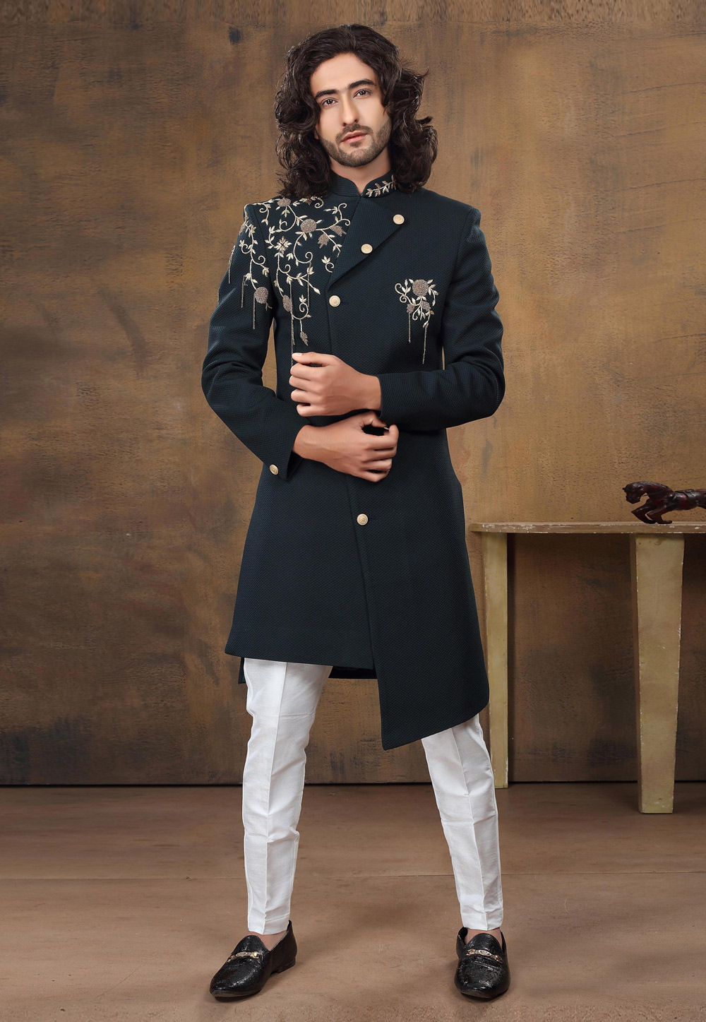 Black Jacquard Indo Western Suit 238694