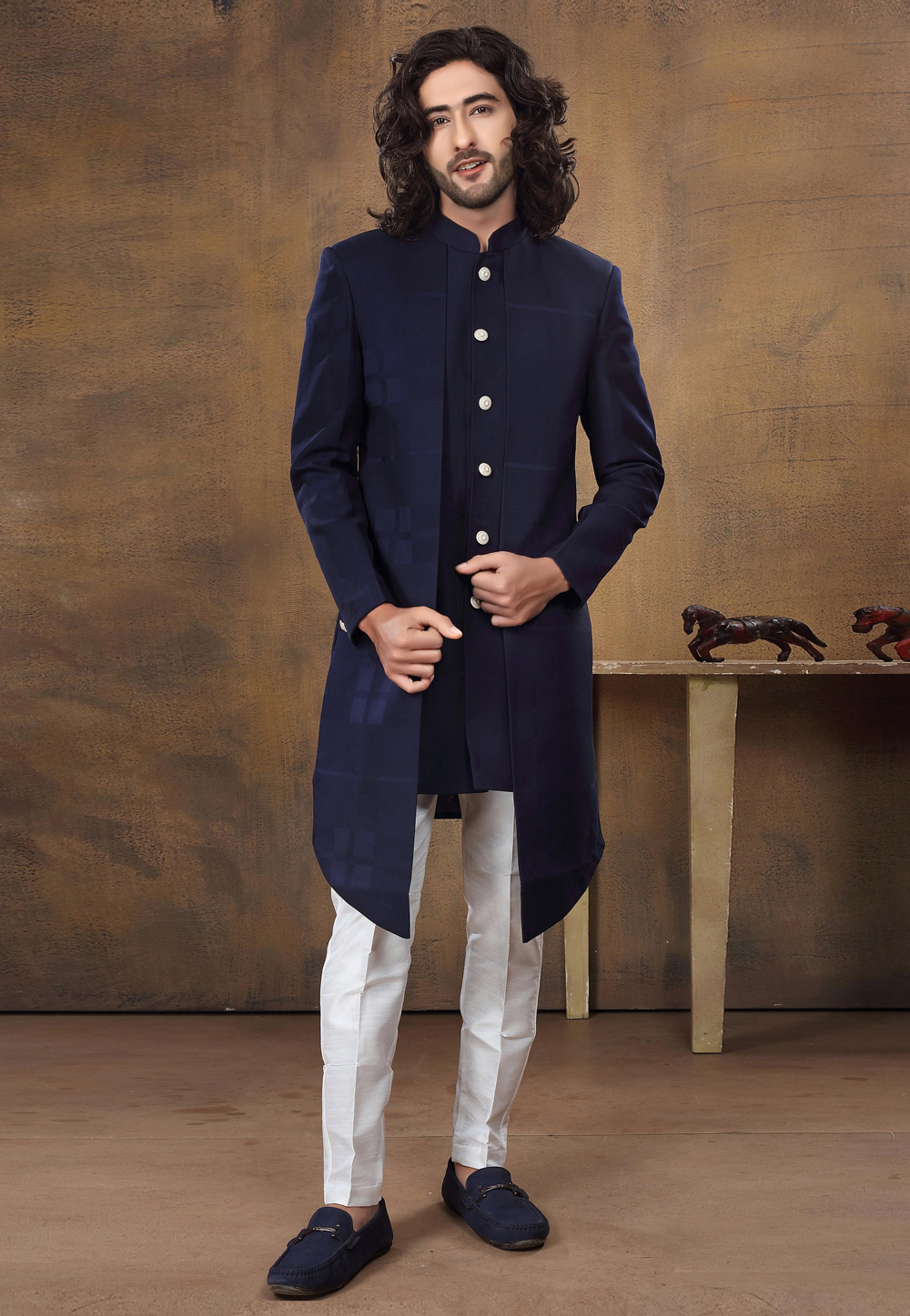 Navy Blue Jacquard Indo Western Suit 238695