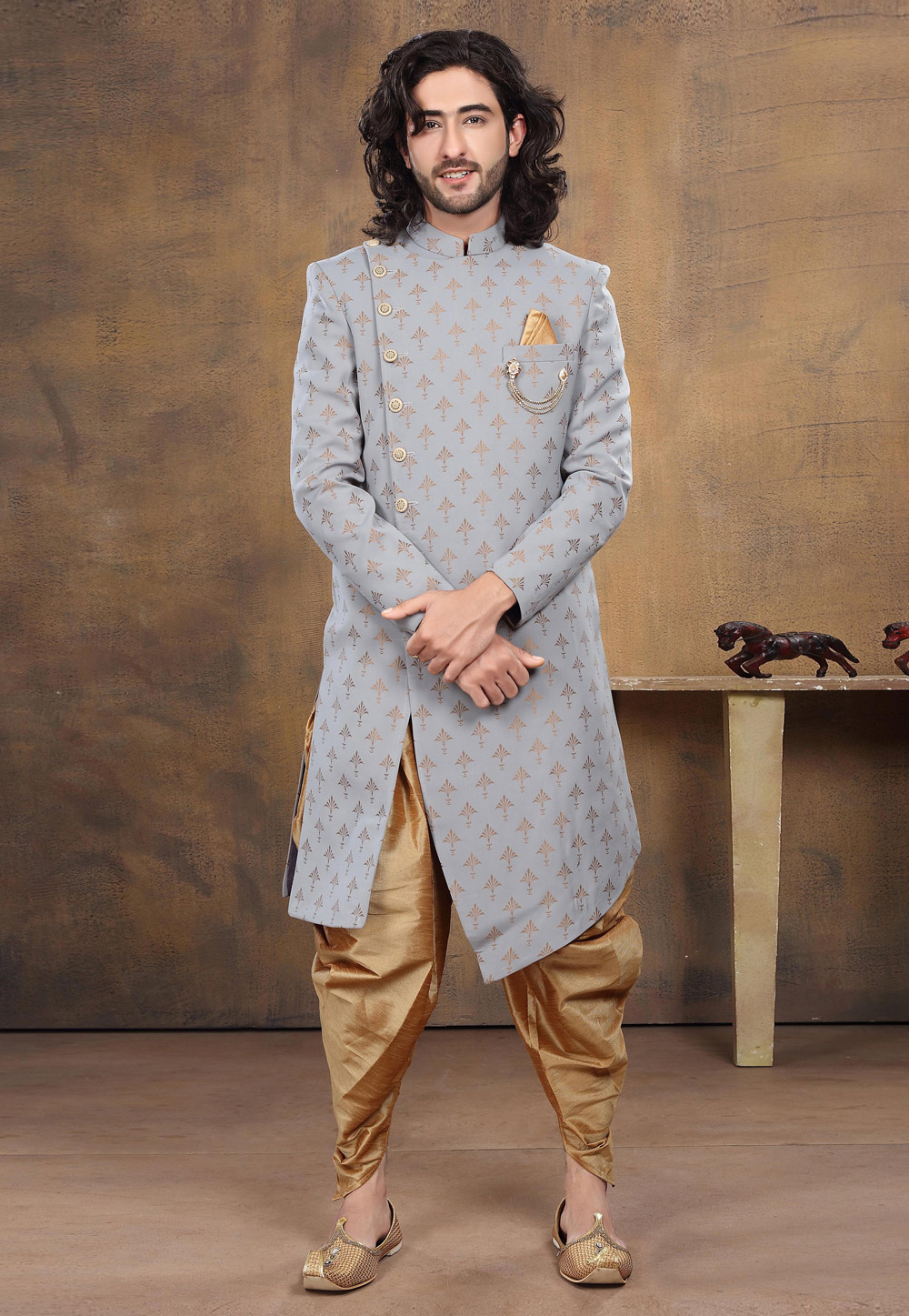 Grey Jacquard Indo Western Suit 238696