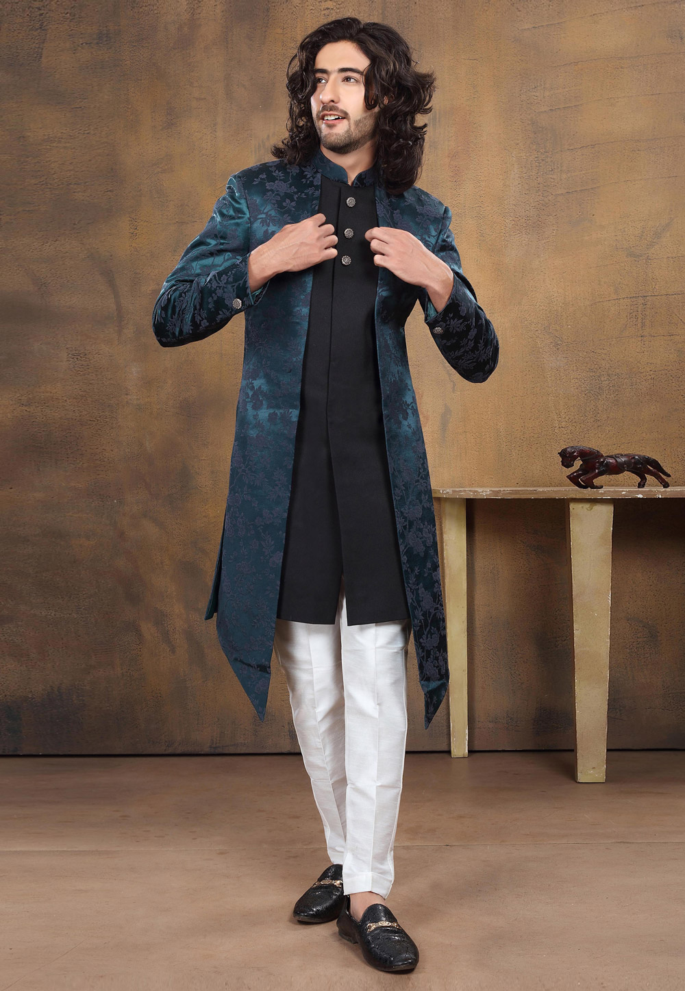 Teal Jacquard Indo Western Suit 238699