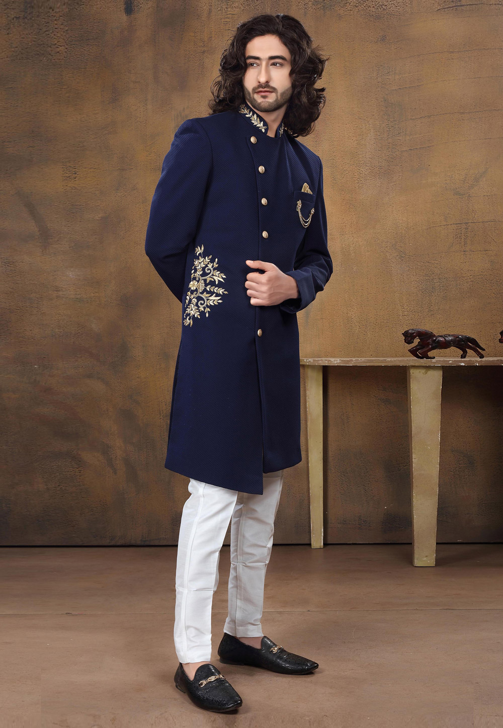 Navy Blue Jacquard Indo Western Suit 238704