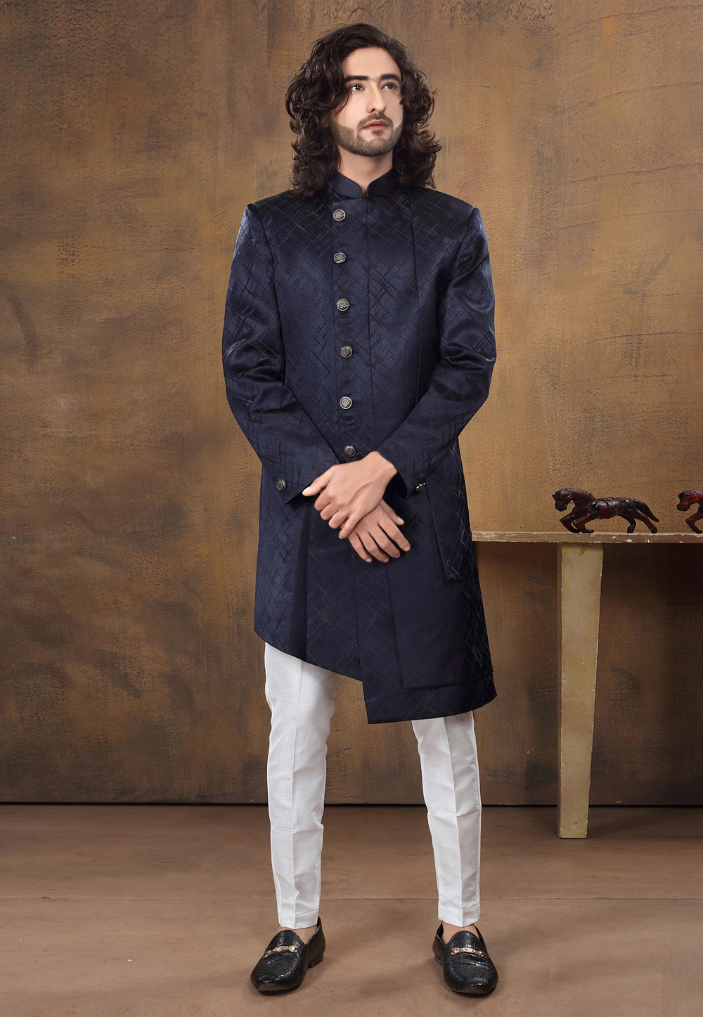 Navy Blue Jacquard Indo Western Suit 238709