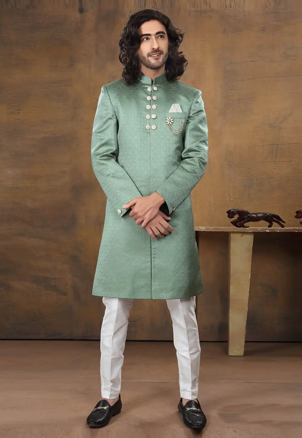 Sea Green Jacquard Indo Western Suit 238659