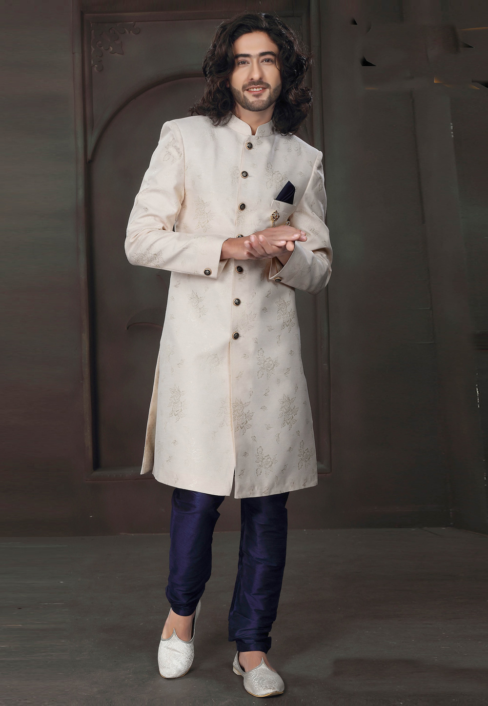 Cream Jacquard Indo Western Suit 238660