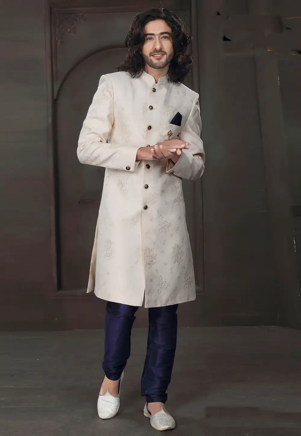 Cream Jacquard Indo Western Suit 238660