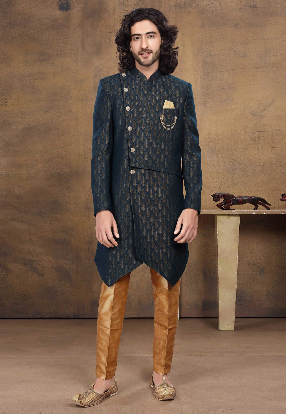 Black Jacquard Indo Western Suit 238661