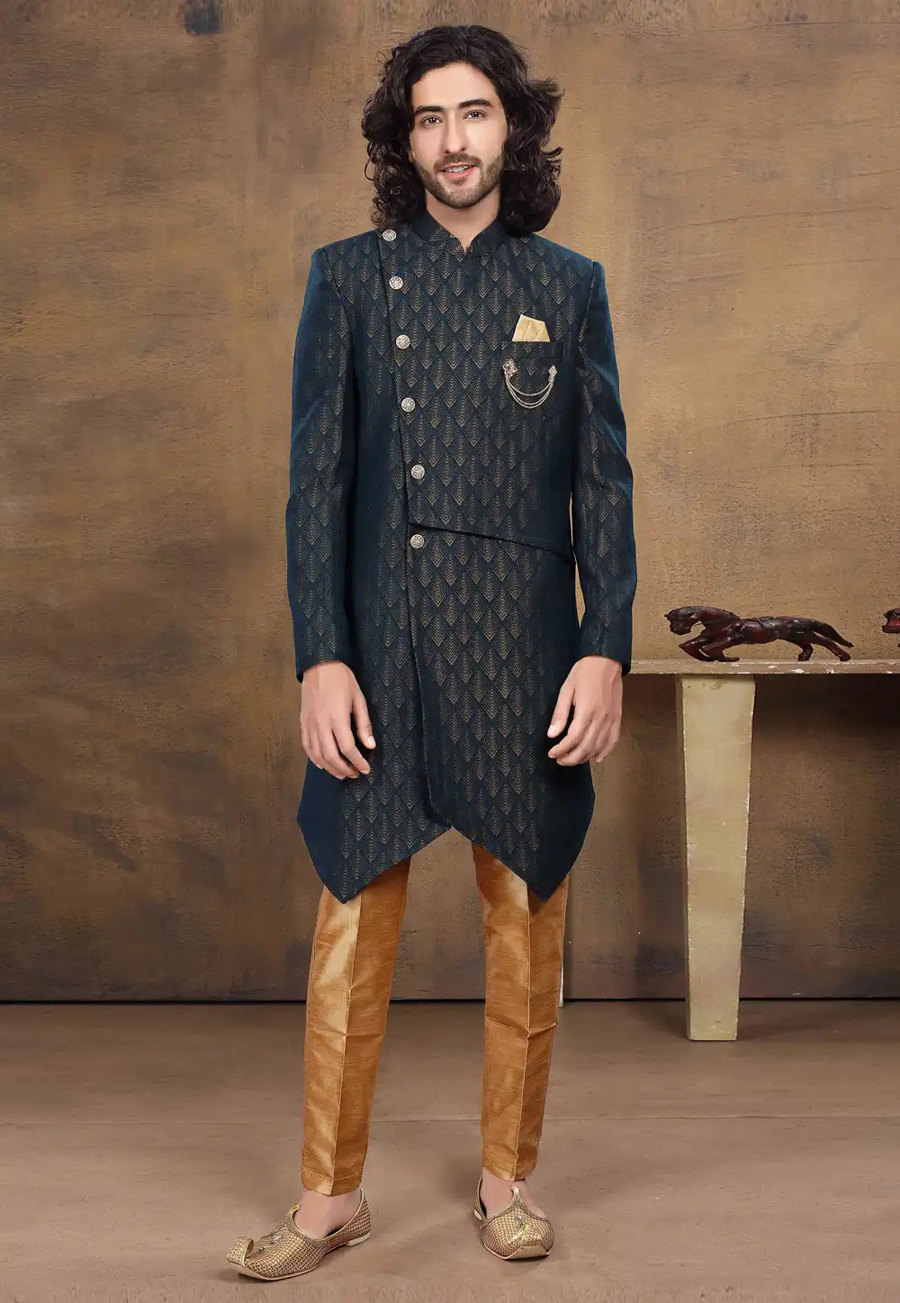Black Jacquard Indo Western Suit 238661