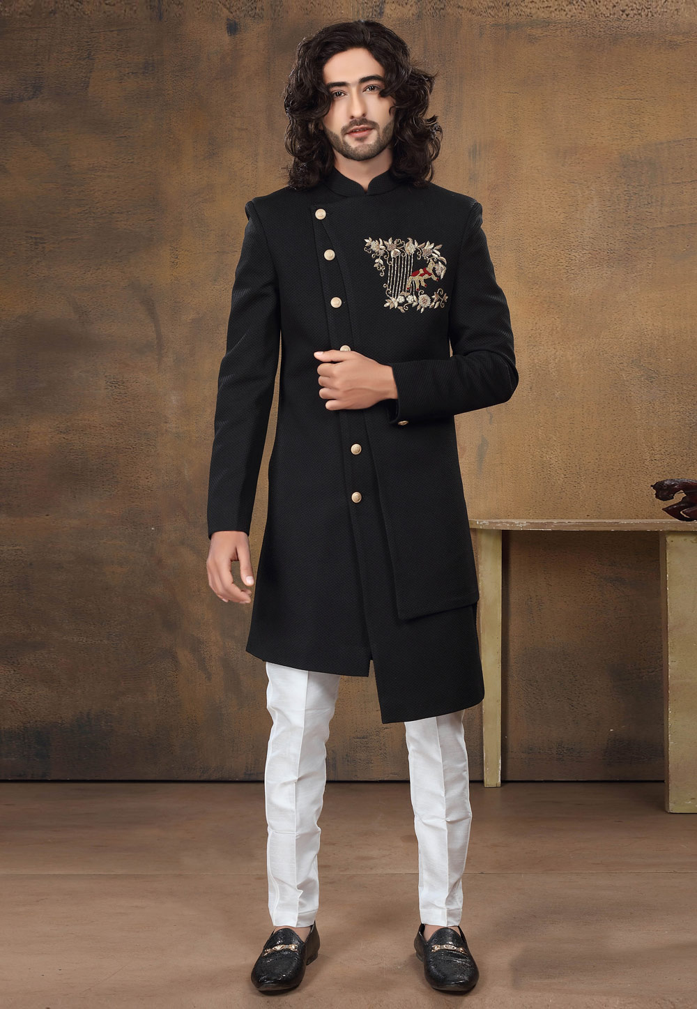 Black Jacquard Indo Western Suit 238663