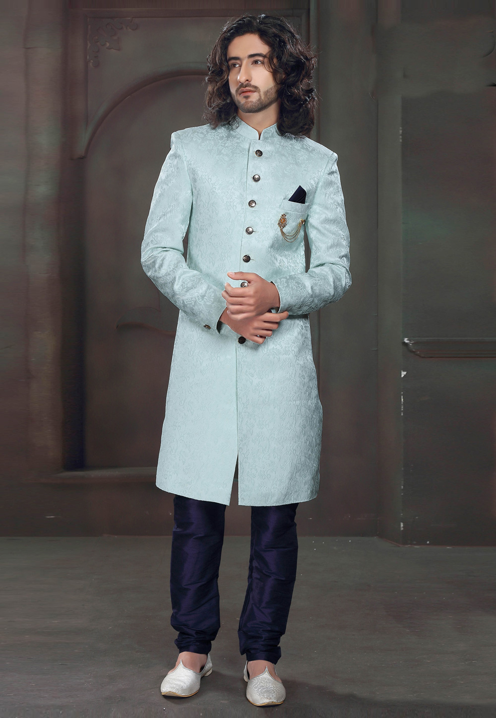 Sky Blue Jacquard Indo Western Suit 238665