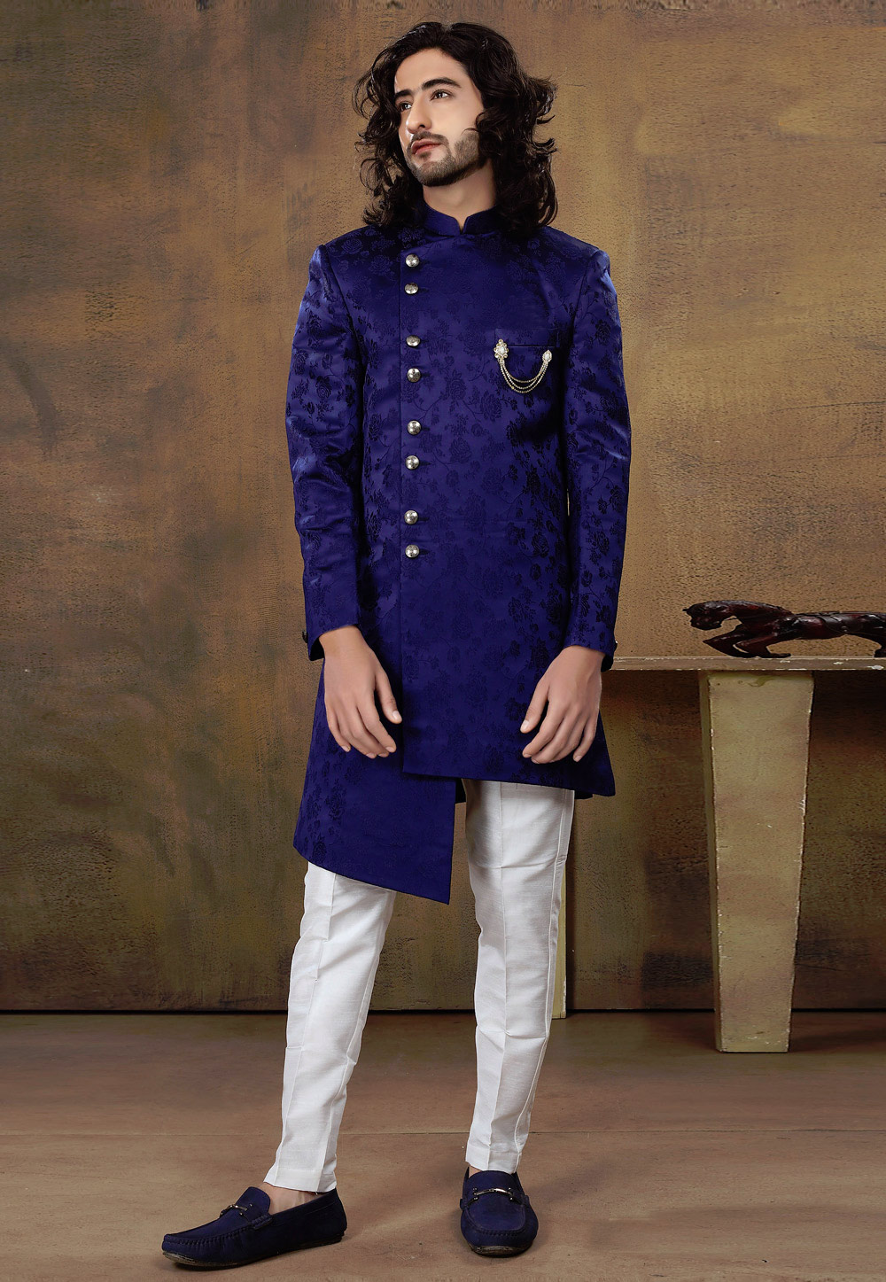 Blue Jacquard Indo Western Suit 238666