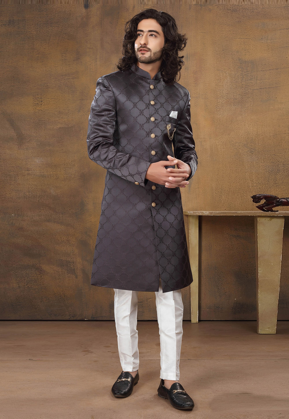 Brown Jacquard Indo Western Suit 238669