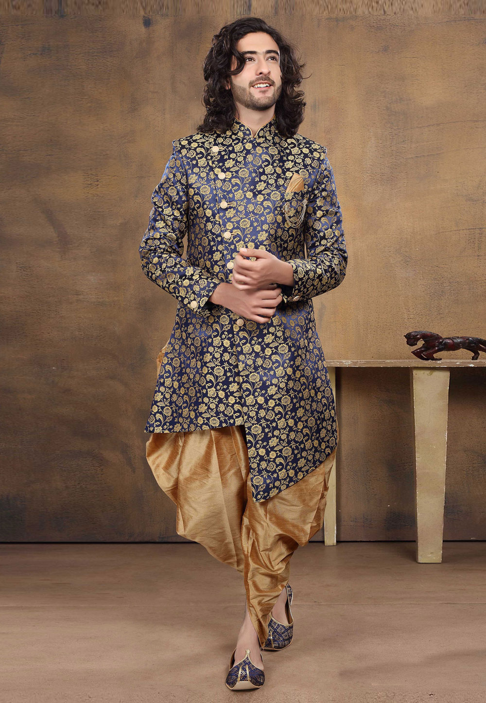 Navy Blue Jacquard Indo Western Suit 238670