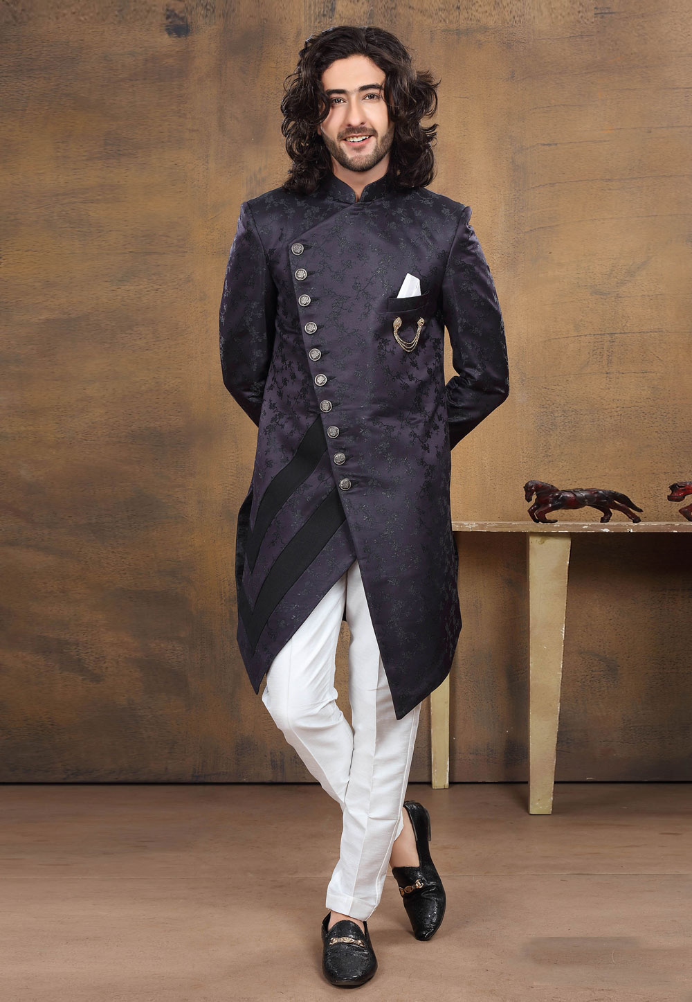 Navy Blue Jacquard Indo Western Suit 238671