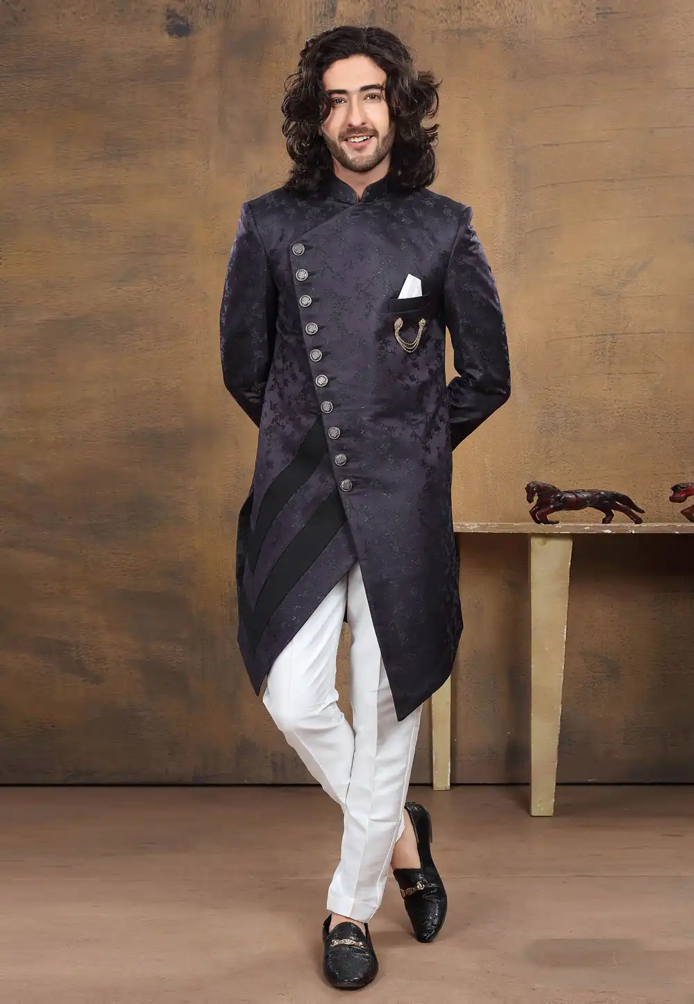 Navy Blue Jacquard Indo Western Suit 238671
