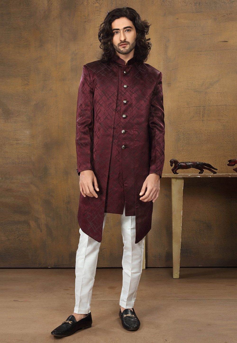 Maroon Jacquard Indo Western Suit 238674