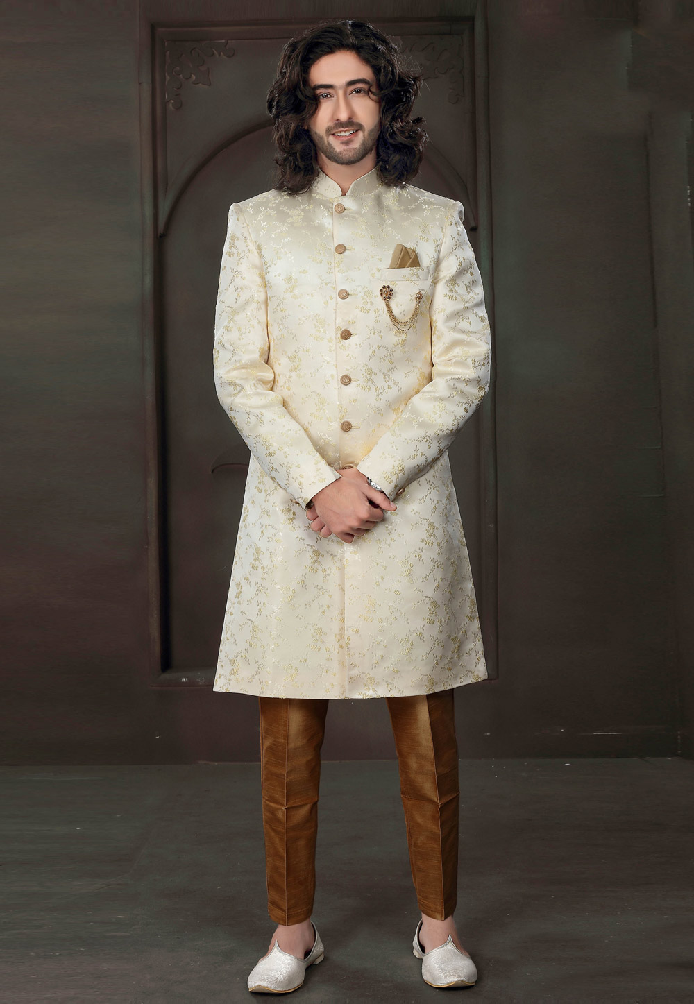 Cream Jacquard Indo Western Suit 238676