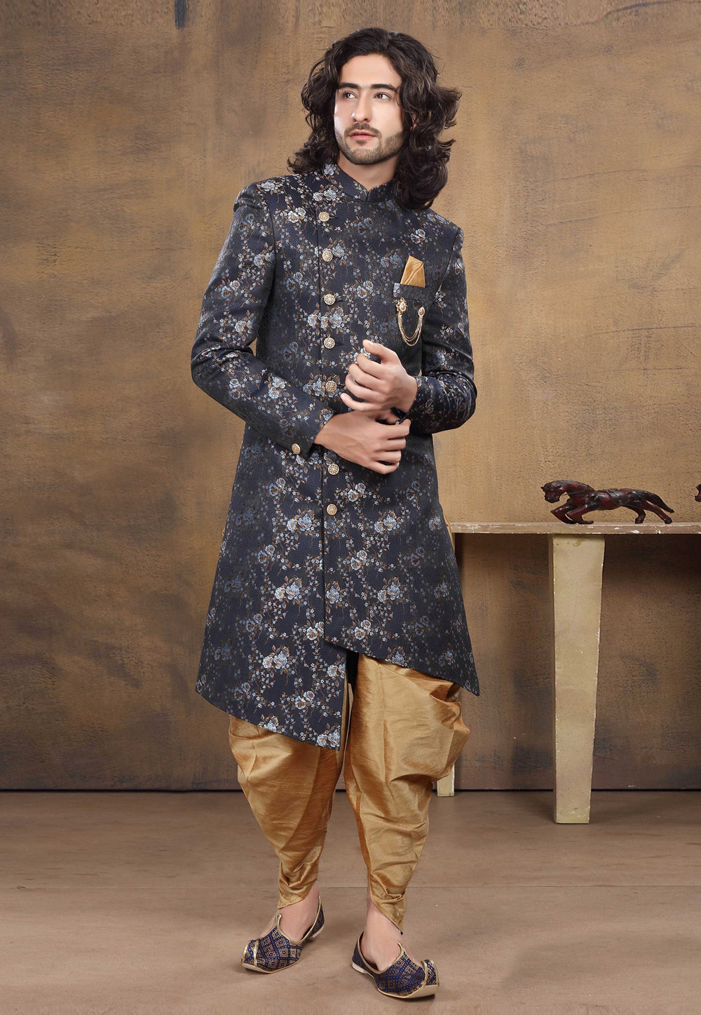 Black Jacquard Indo Western Suit 238678