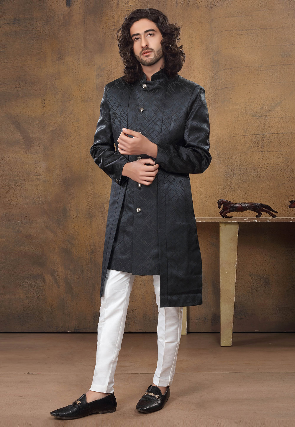 Black Jacquard Indo Western Suit 238680