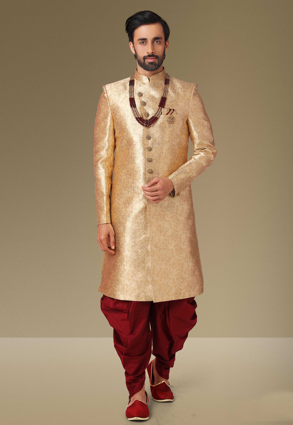 Golden Jacquard Dhoti Sherwani 238641