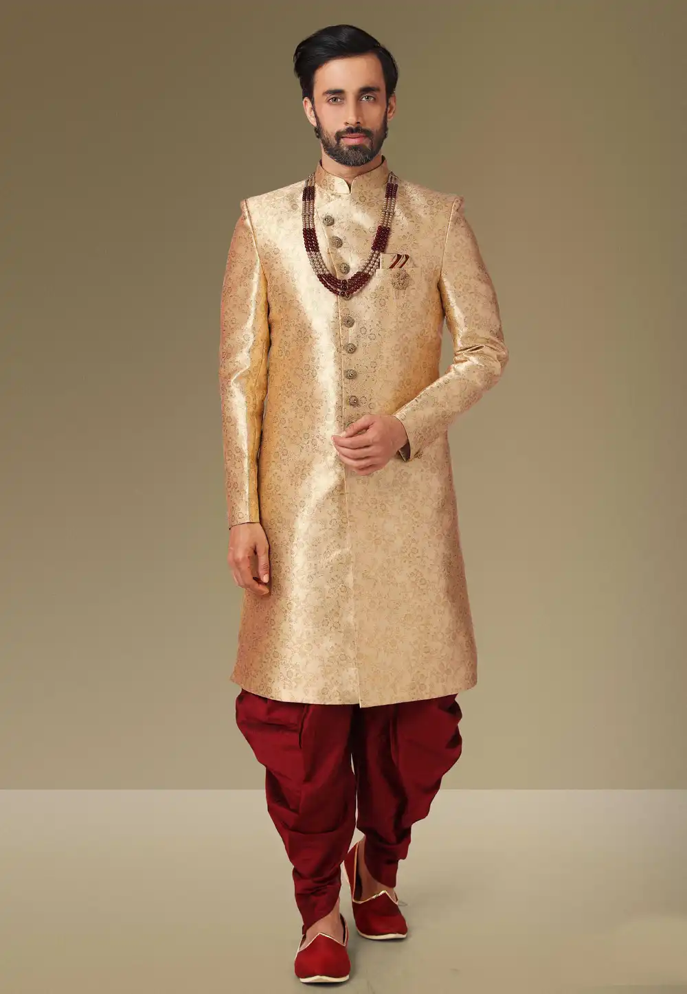 Golden Jacquard Dhoti Sherwani 238641