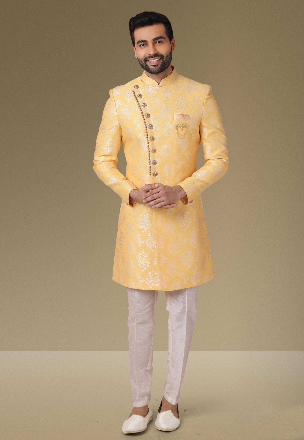 Yellow Jacquard Indo Western Sherwani 238646