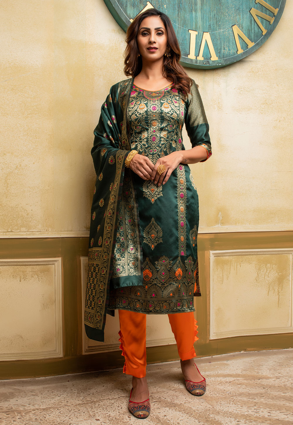 Green Banarasi Silk Kameez With Pant 236966