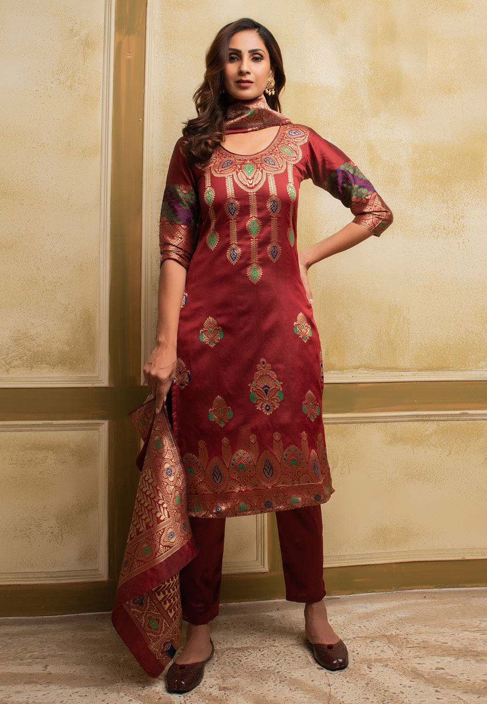 Maroon Banarasi Silk Kameez With Pant 236970