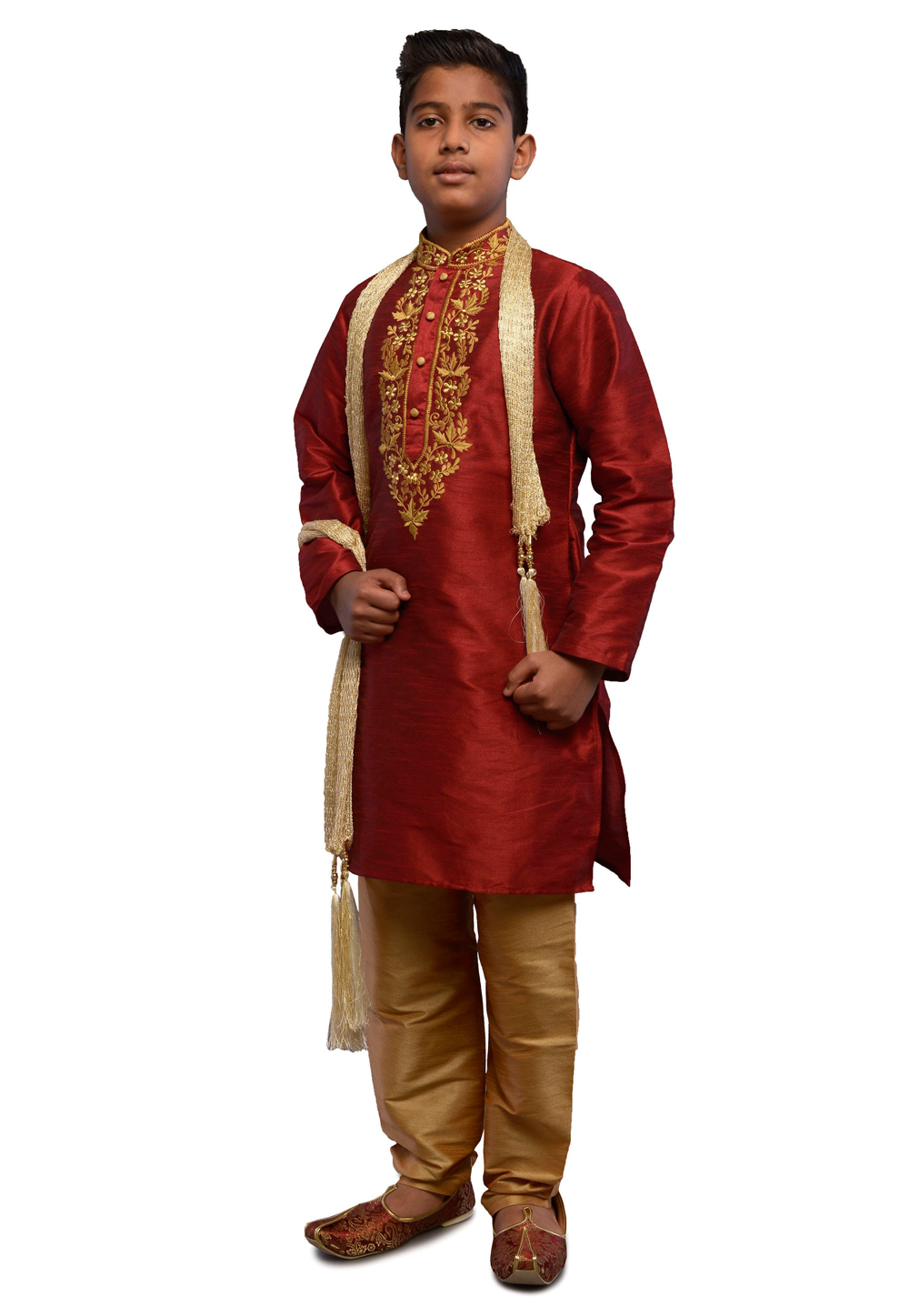 Maroon Dupion Silk Kids Kurta Pajama 278106