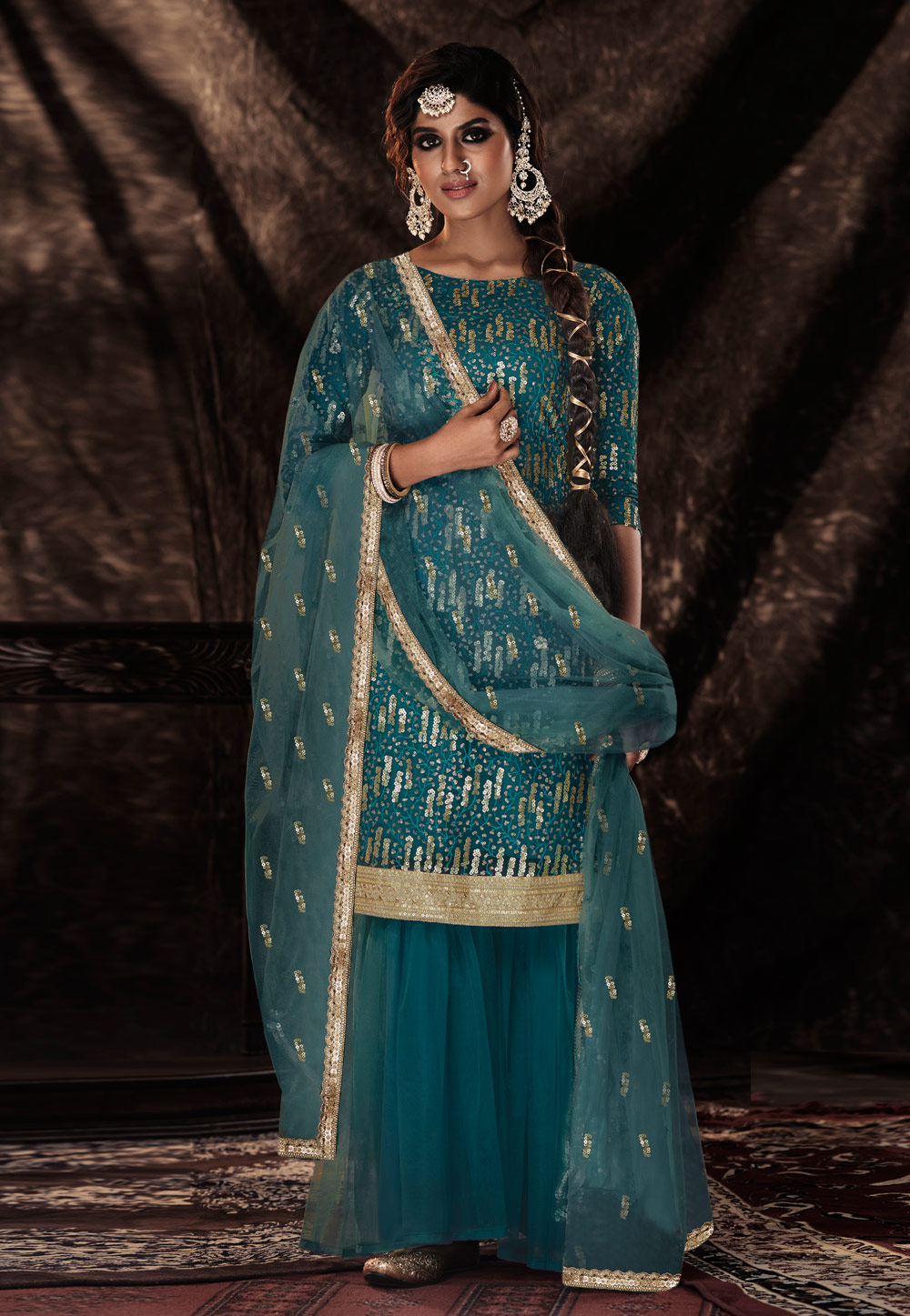 Teal Soft Net Sharara Suit 268389