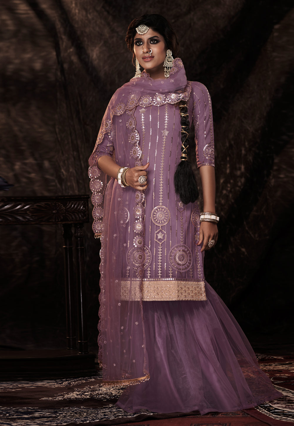 Lavender Soft Net Sharara Suit 268391
