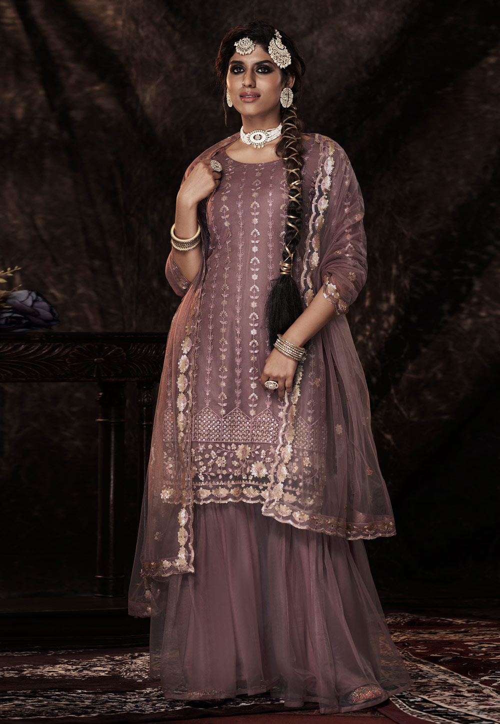Light Purple Soft Net Sharara Suit 268394