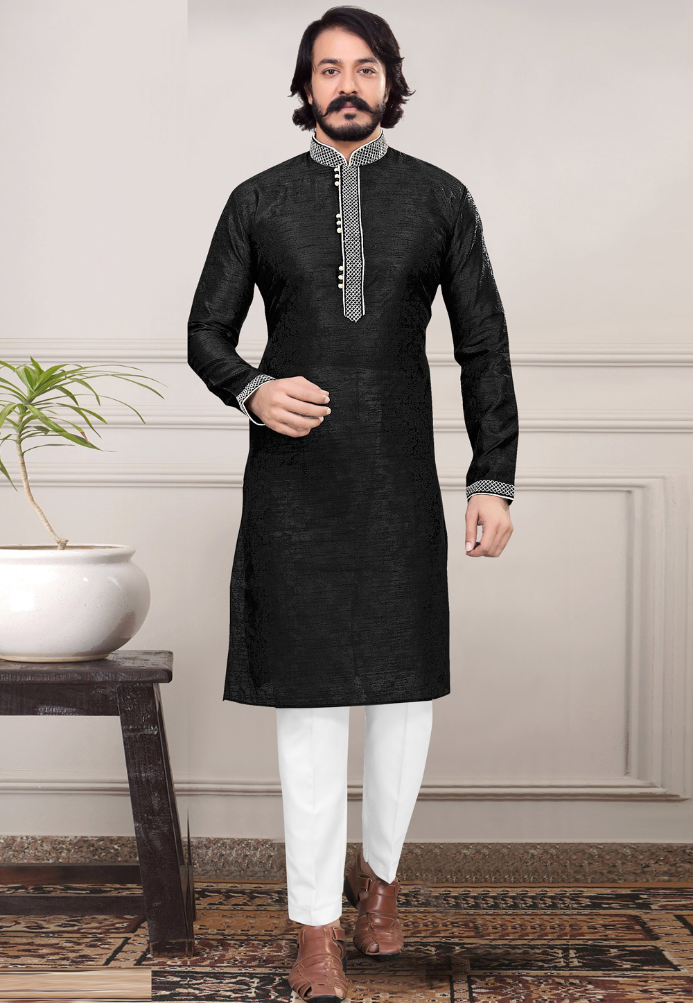 Black Silk Jacquard Kurta Pajama 216661