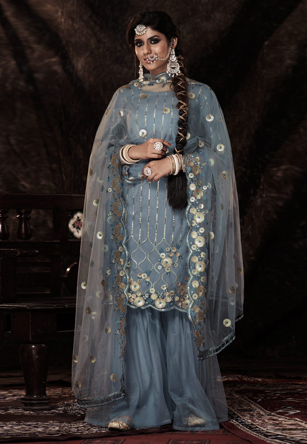 Grey Soft Net Sharara Suit 268396