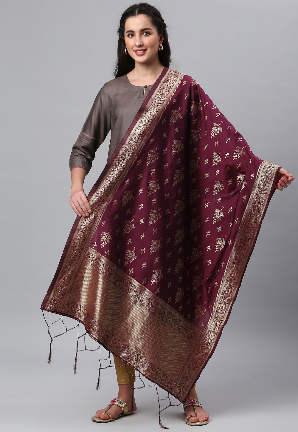 Wine Banarasi Silk Dupatta 236251