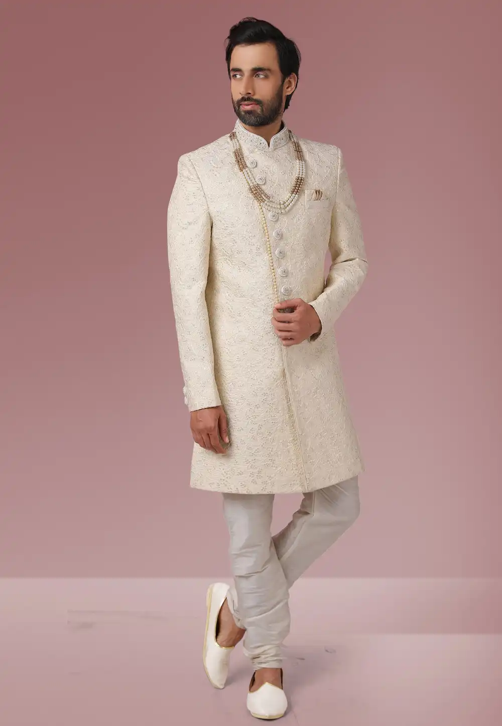 Off White Banarasi Silk Indo Western Suit 239432