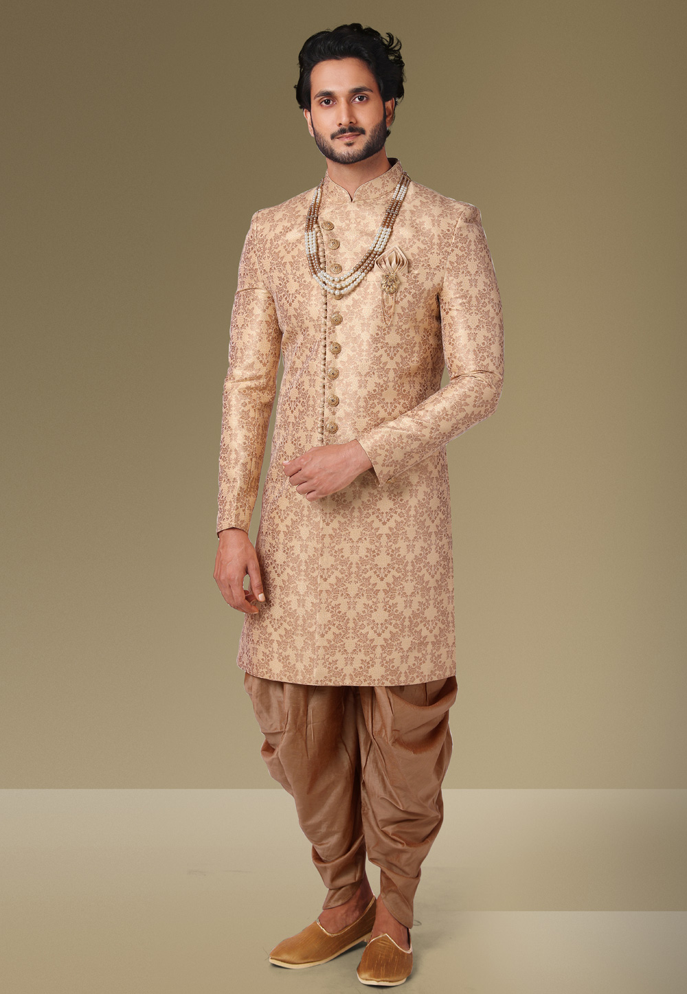 Peach Jacquard Silk Indo Western Suit 239444