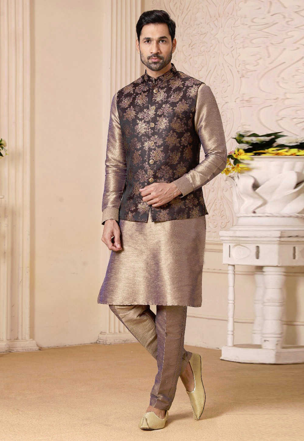 Brown Banarasi Silk Kurta Pajama With Jacket 239702