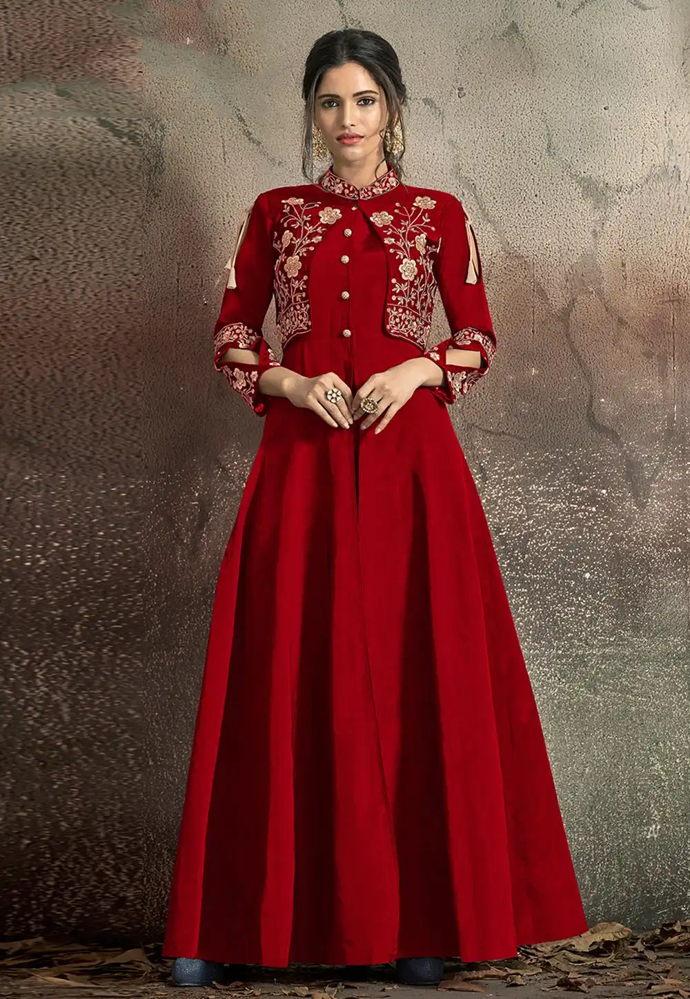 Red Taffeta Readymade Gown 184086