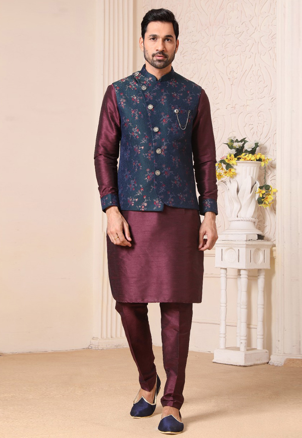 Wine Banarasi Silk Kurta Pajama With Jacket 239716