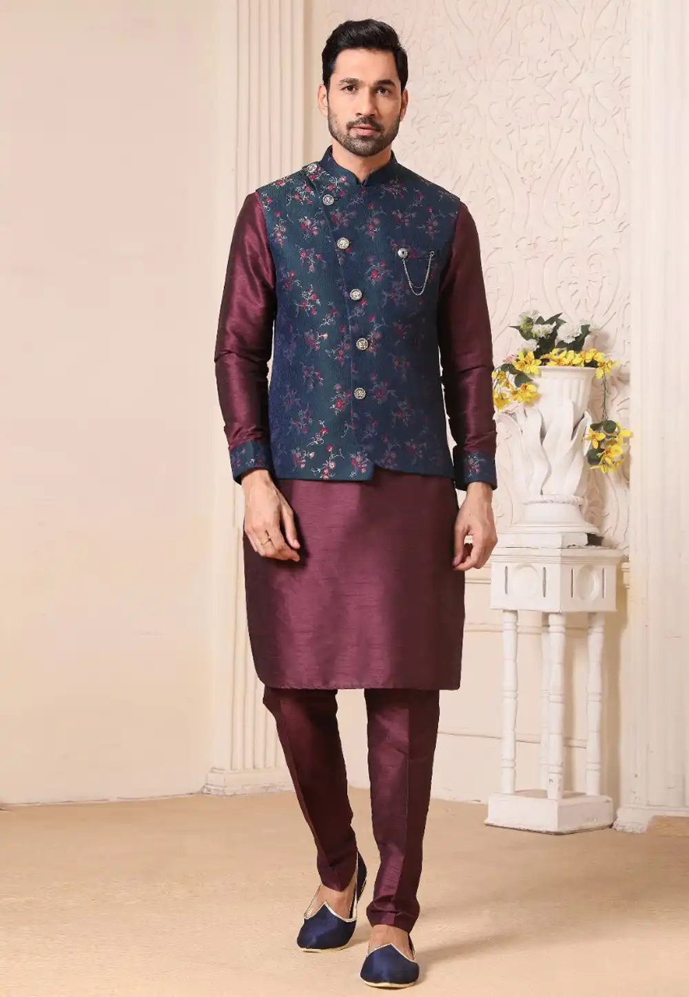 Wine Banarasi Silk Kurta Pajama With Jacket 239716