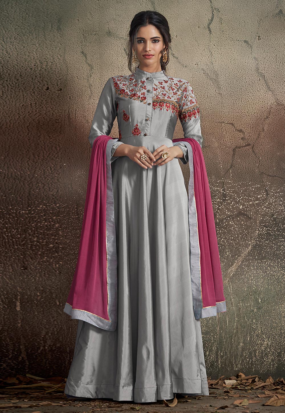Grey Taffeta Embroidered Readymade Long Anarkali Suit 165694