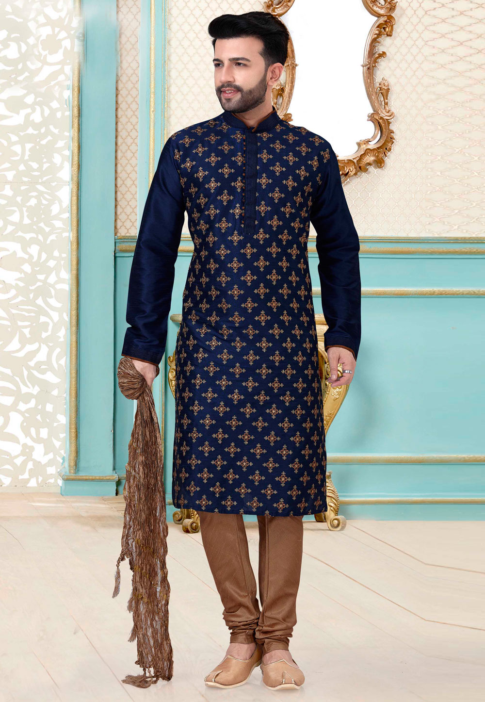 Navy Blue Satin Silk Lakhnavi Kurta Pajama 239660