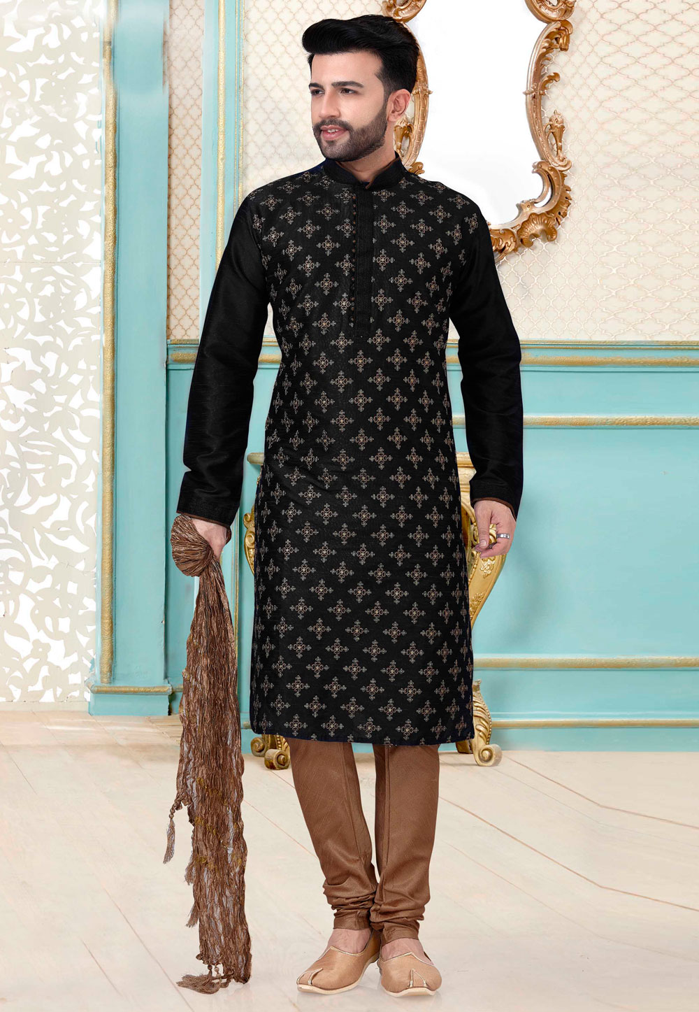 Black Satin Silk Lakhnavi Kurta Pajama 239662