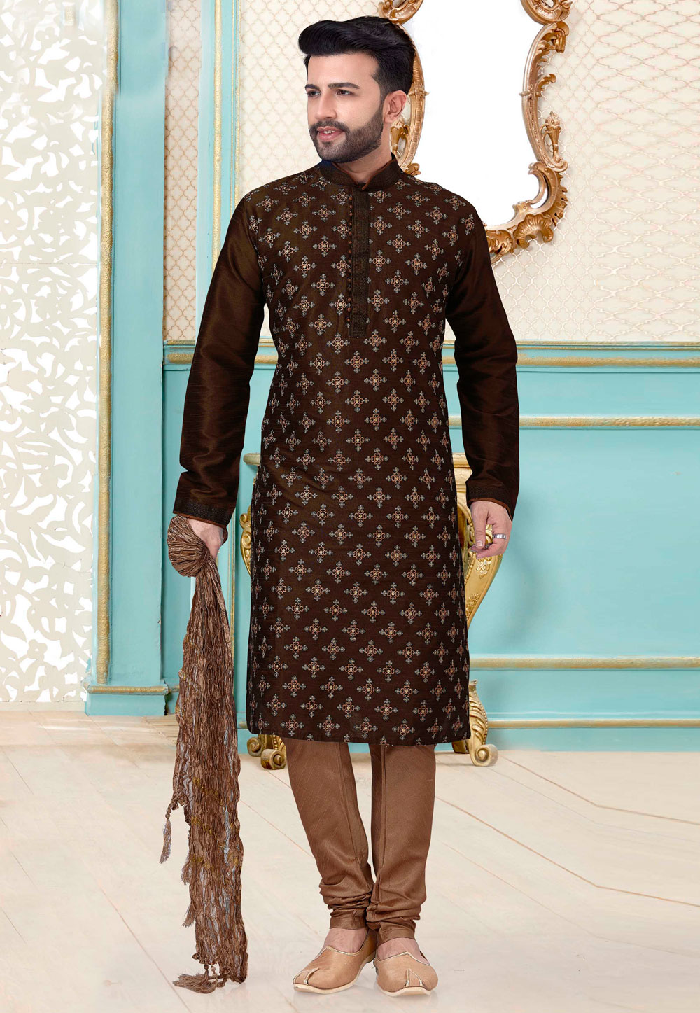 Brown Satin Silk Lakhnavi Kurta Pajama 239664