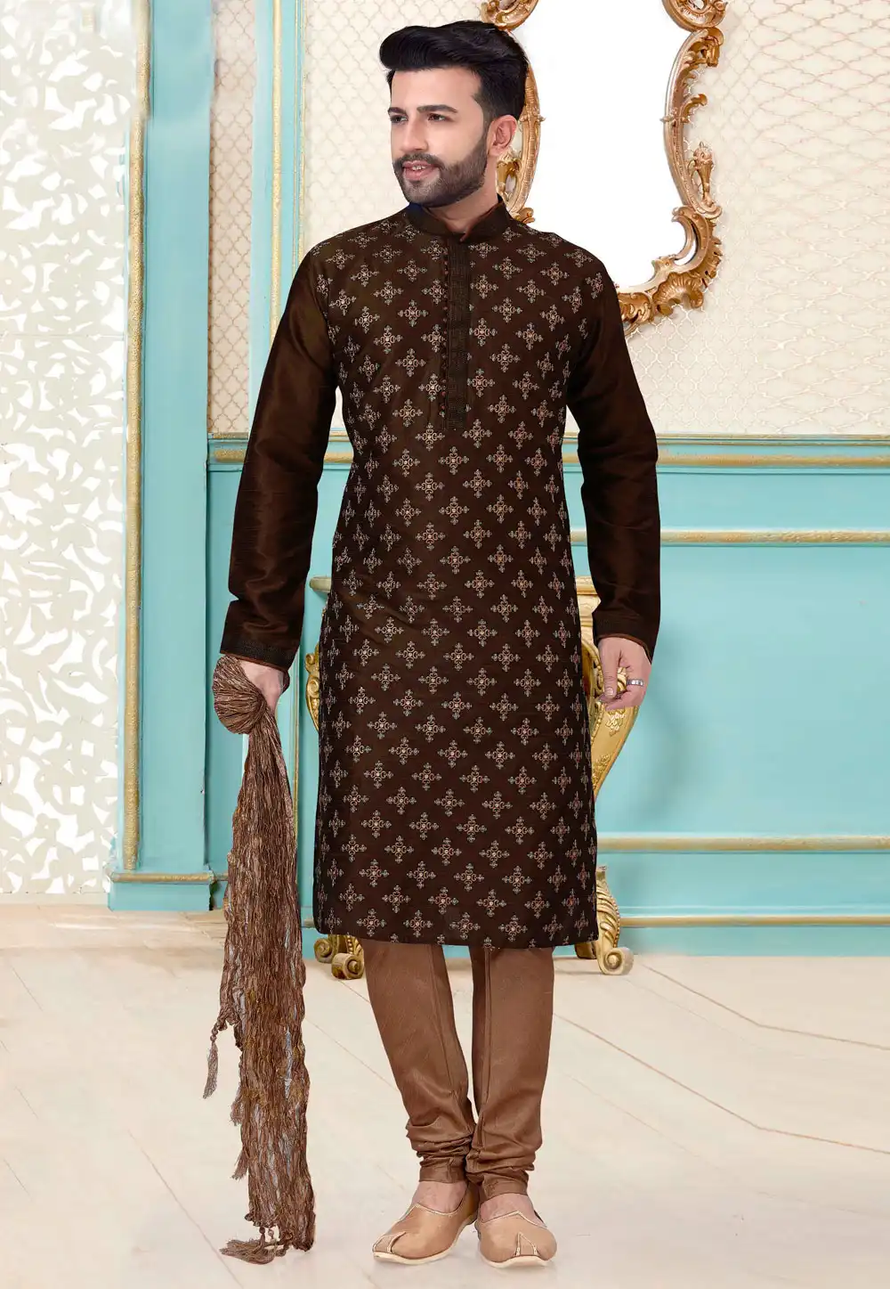 Brown Satin Silk Lakhnavi Kurta Pajama 239664