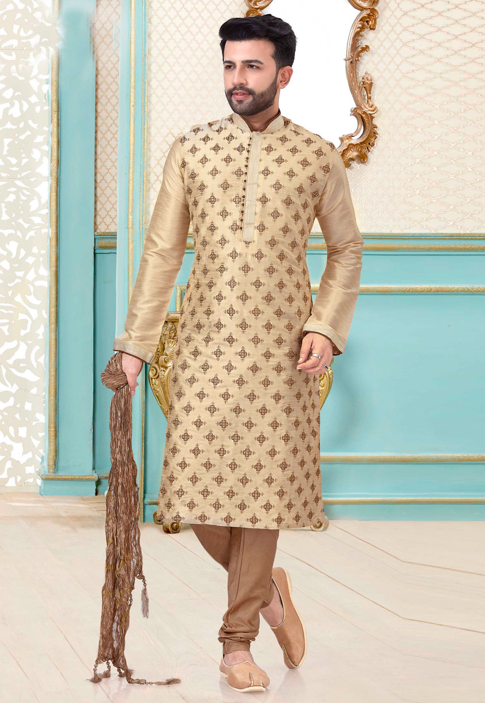 Beige Satin Silk Lakhnavi Kurta Pajama 239665