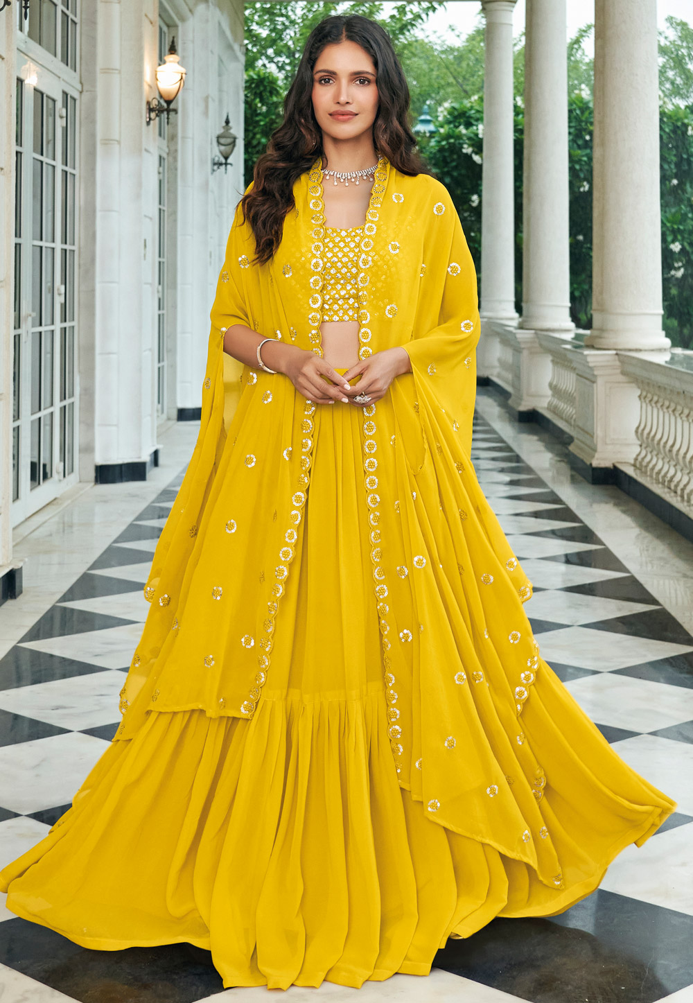 Yellow Faux Georgette Jacket Style Lehenga Choli 261192