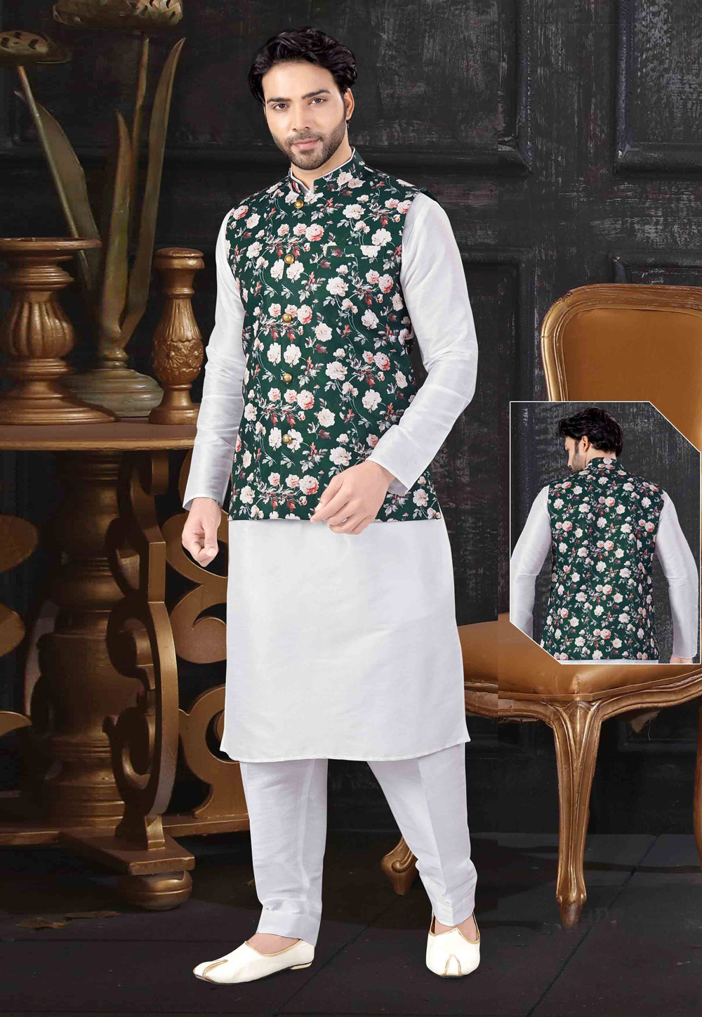 Off White Art Silk Readymade Kurta Pajama With Jacket 199183