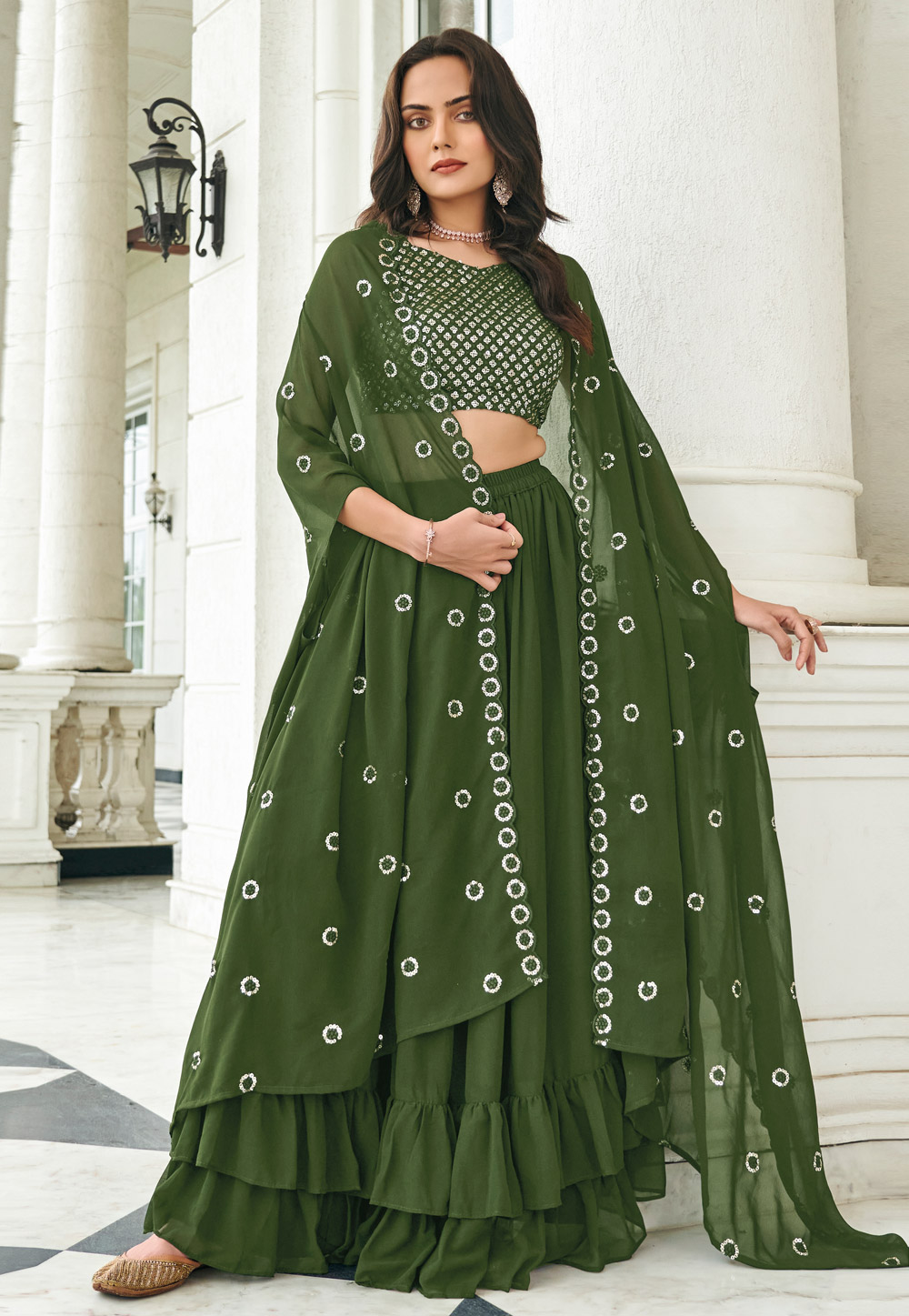 Mehndi Faux Georgette Indo Western Lehenga Choli 261193